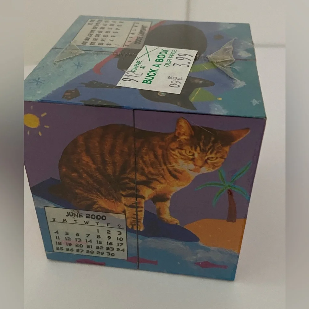 Y2K Vintage cat cube Mental Block 2000 Calendar and Desk Toy CAT scene art